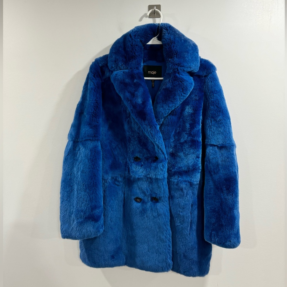 Maje Women Gati Blue Fur Midi Coat Size 36 (US S)